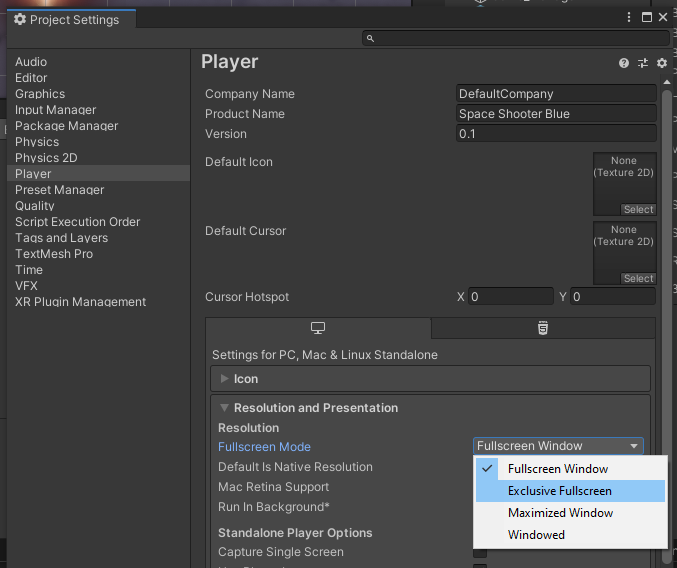 Player Settings with Exclusive Fullscreen presentation